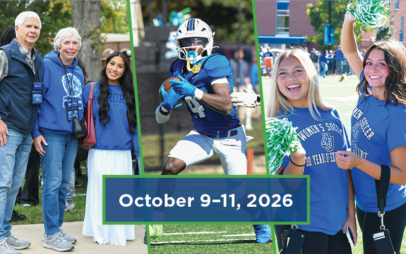 Homecoming guests, football player, and students with pom poms.