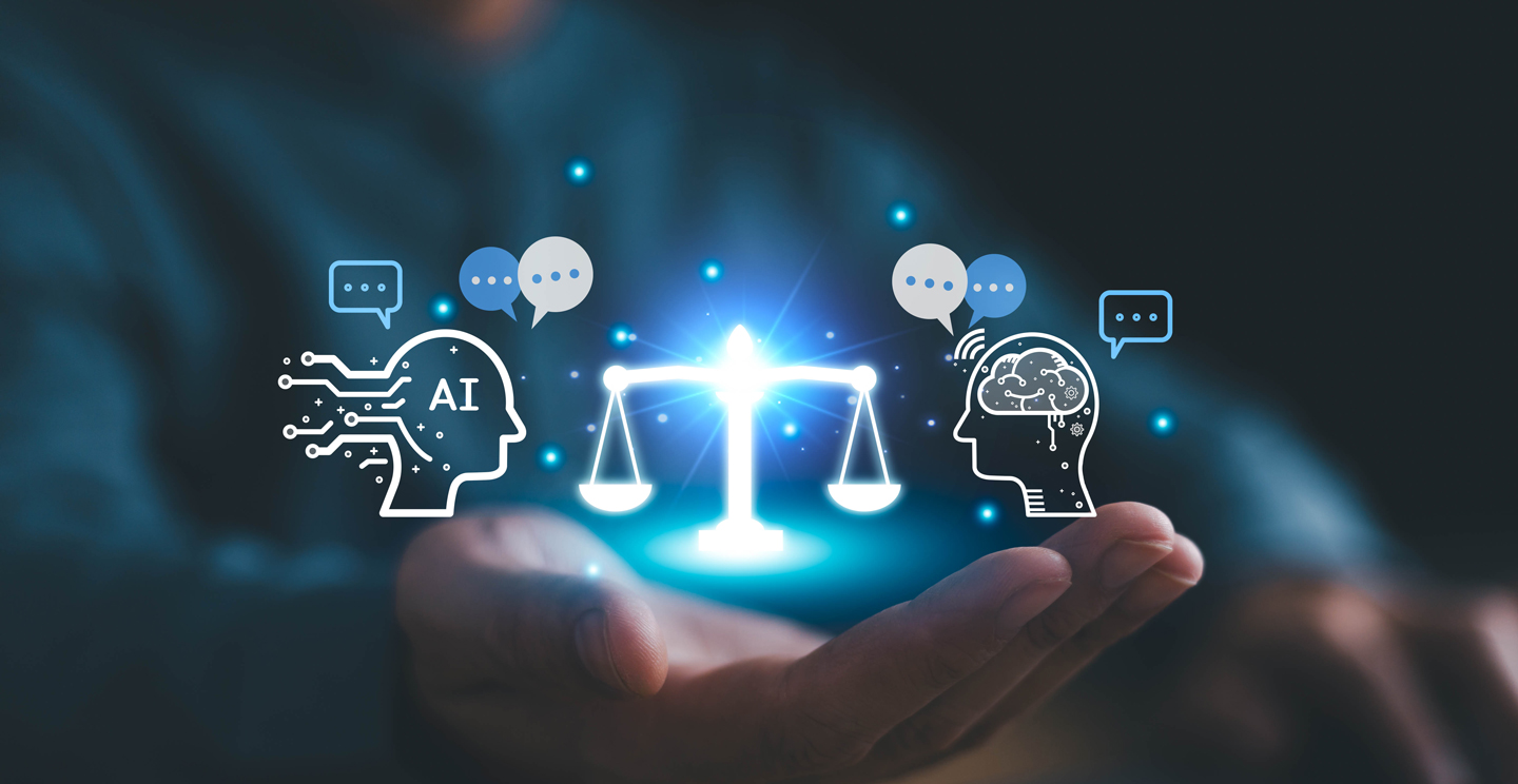 Stock graphic showing a scale and two heads representing AI and a human.