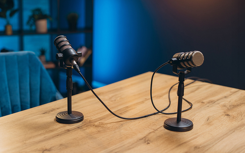Photo of podcast microphones.