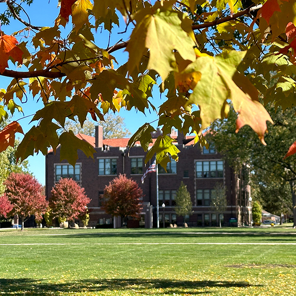Eckhart Hall in the background with fall leaves in the foreground.